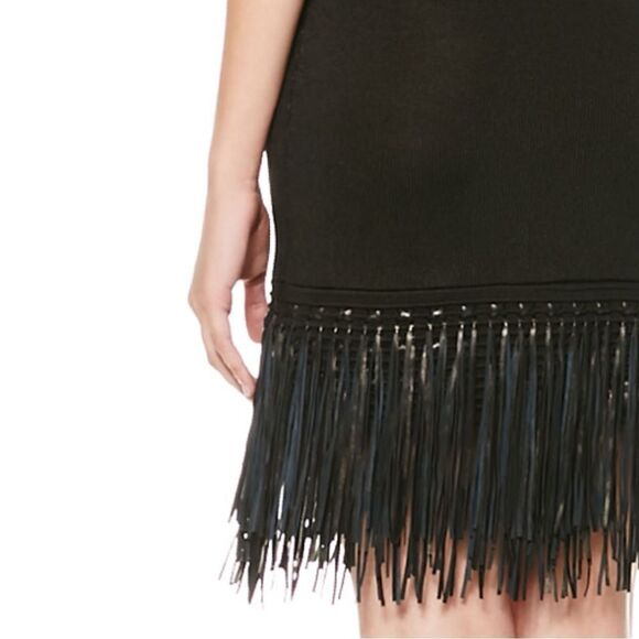 Ralph Lauren Black Lamb Leather-Fringe Silk Knit Sheath Dress - Picture 13 of 16